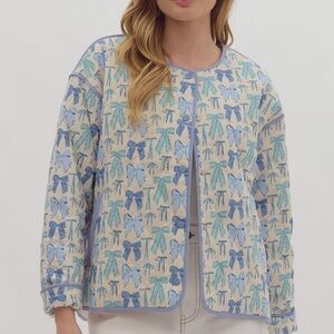 Entro Blue Bow Print Quilted Puff Jacket Size Large Cotton Cottagecore Cute